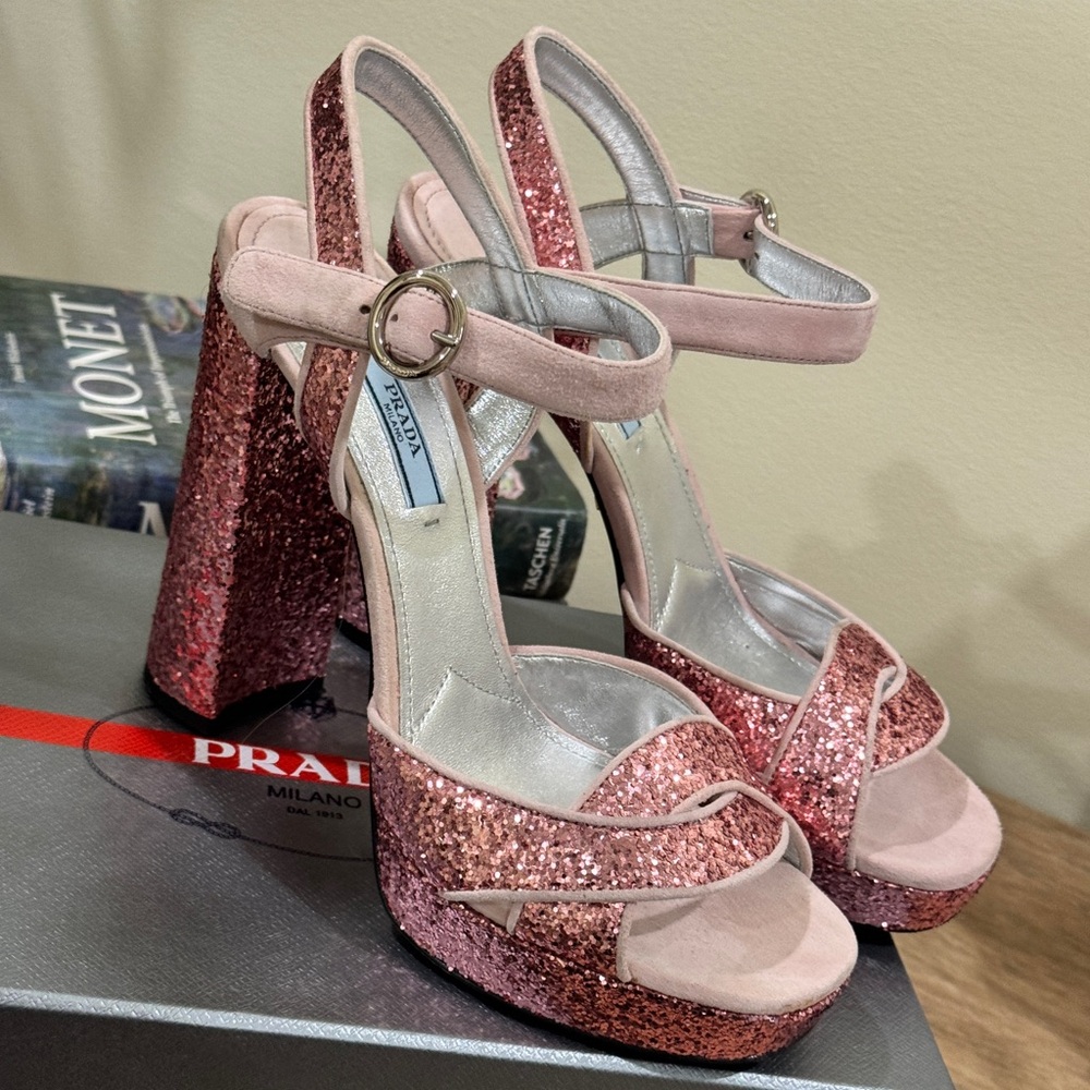Prada Pink Glitter Block Heel Heels